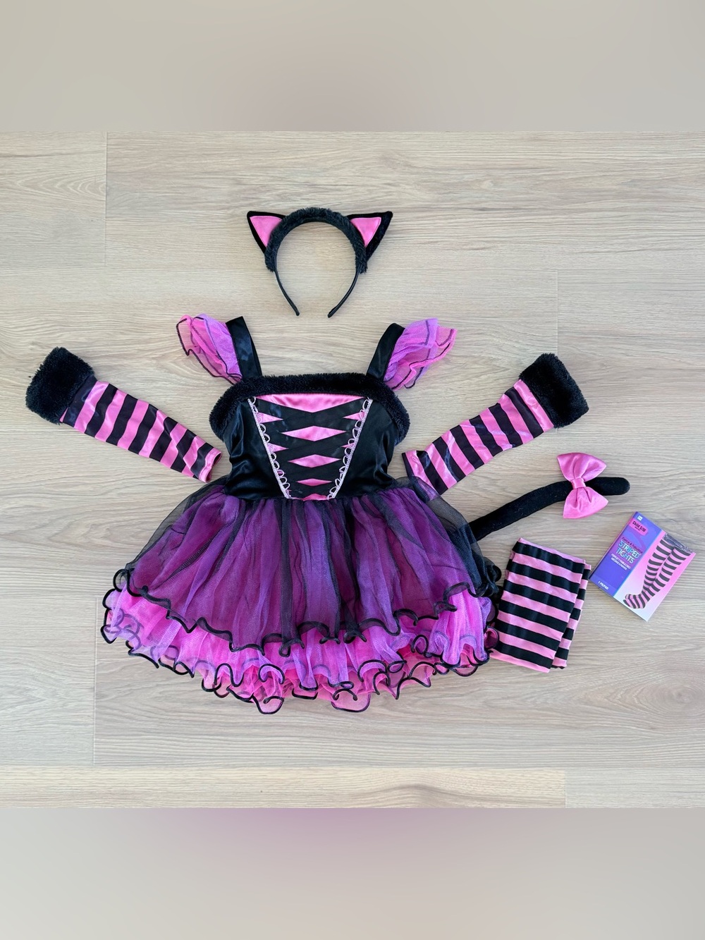 Girls Black & Purple Cat Costume Dress w/Ear Headband, Arm Warmers, Tail &Tights